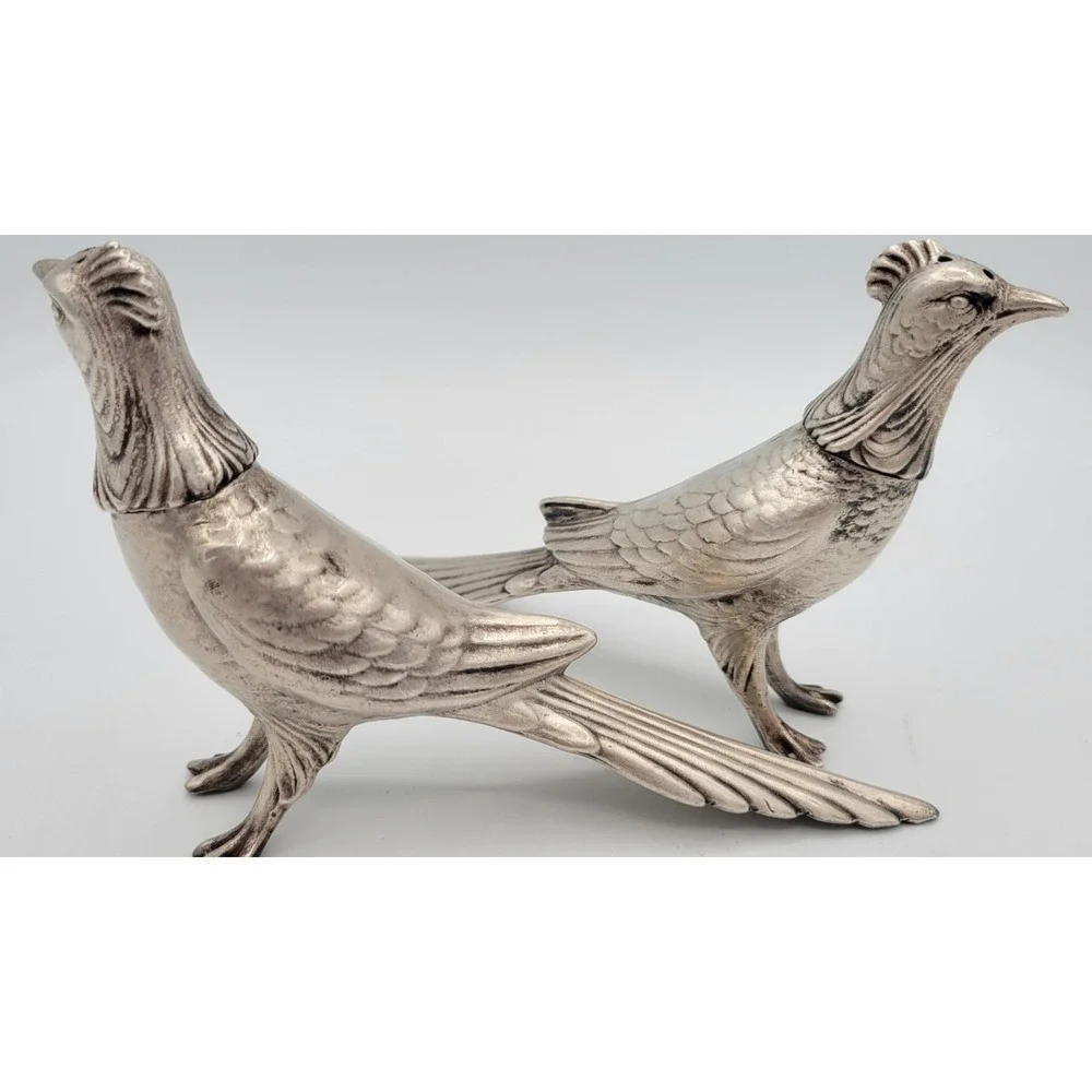 WB Mfg Co Pheasant Salt & Pepper Shaker Set Vtg MCM Bird Metal Silver 7.5in